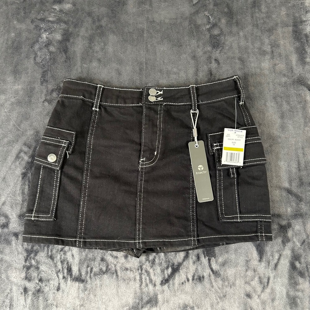 Tractr Cargo Skort Women Size 14 Black Contrast Stitch‎ Denim Mini 2K789-KBYB